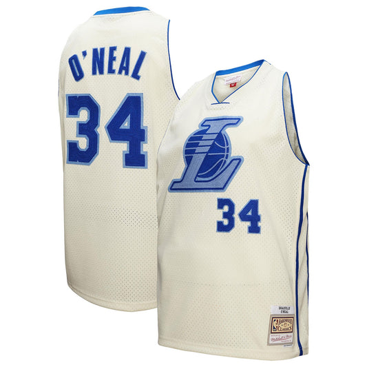 Men's Los Angeles Lakers Shaquille O'Neal Mitchell & Ness Cream Chainstitch Swingman Jersey
