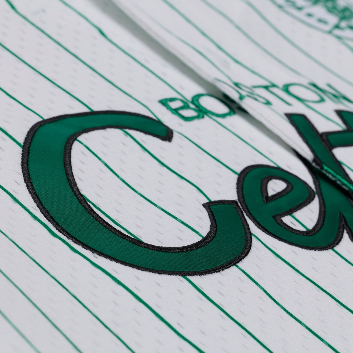Men's Boston Celtics Mitchell & Ness White Head Coach Pinstripe Mesh Full-Button Baseball Jersey