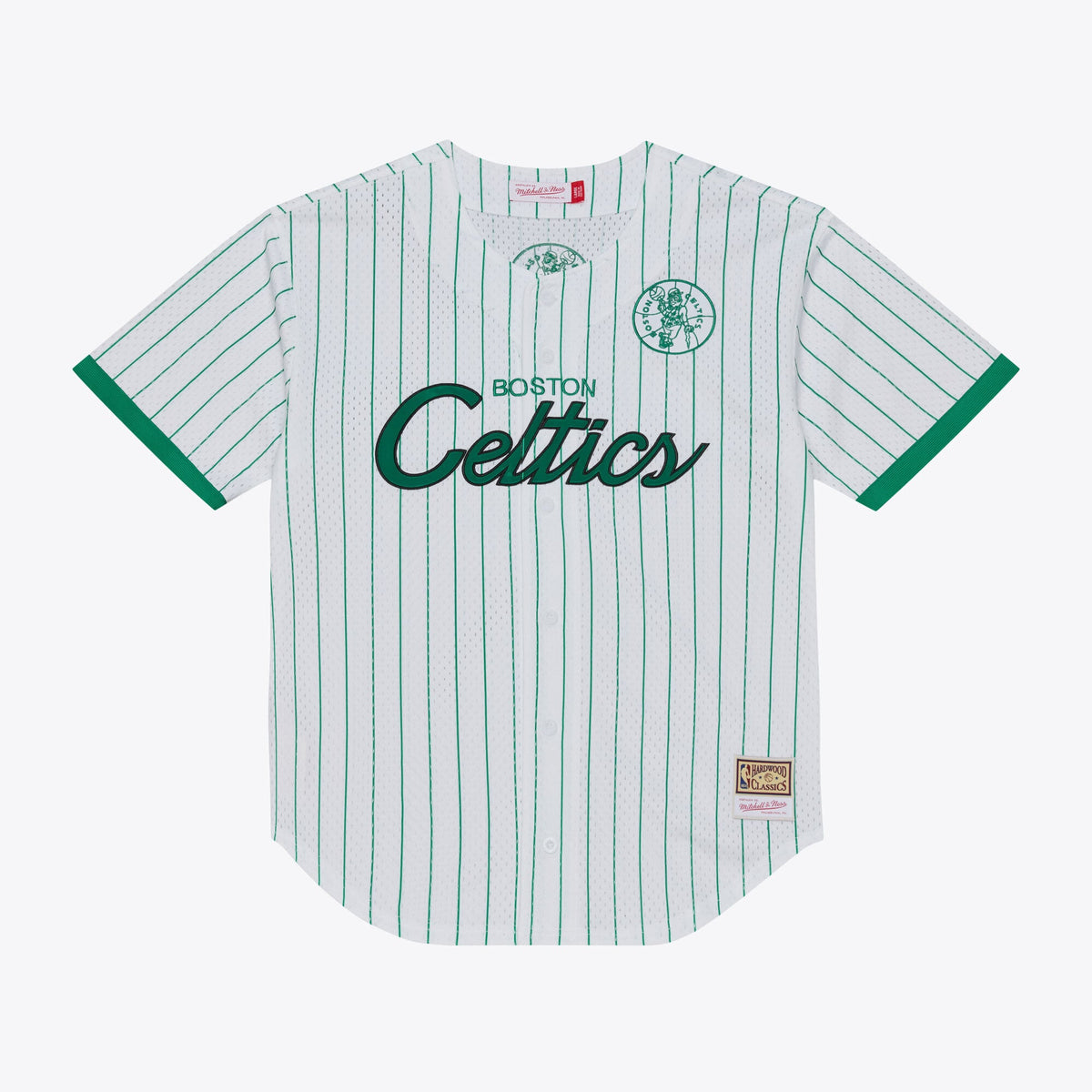 Men's Boston Celtics Mitchell & Ness White Head Coach Pinstripe Mesh Full-Button Baseball Jersey