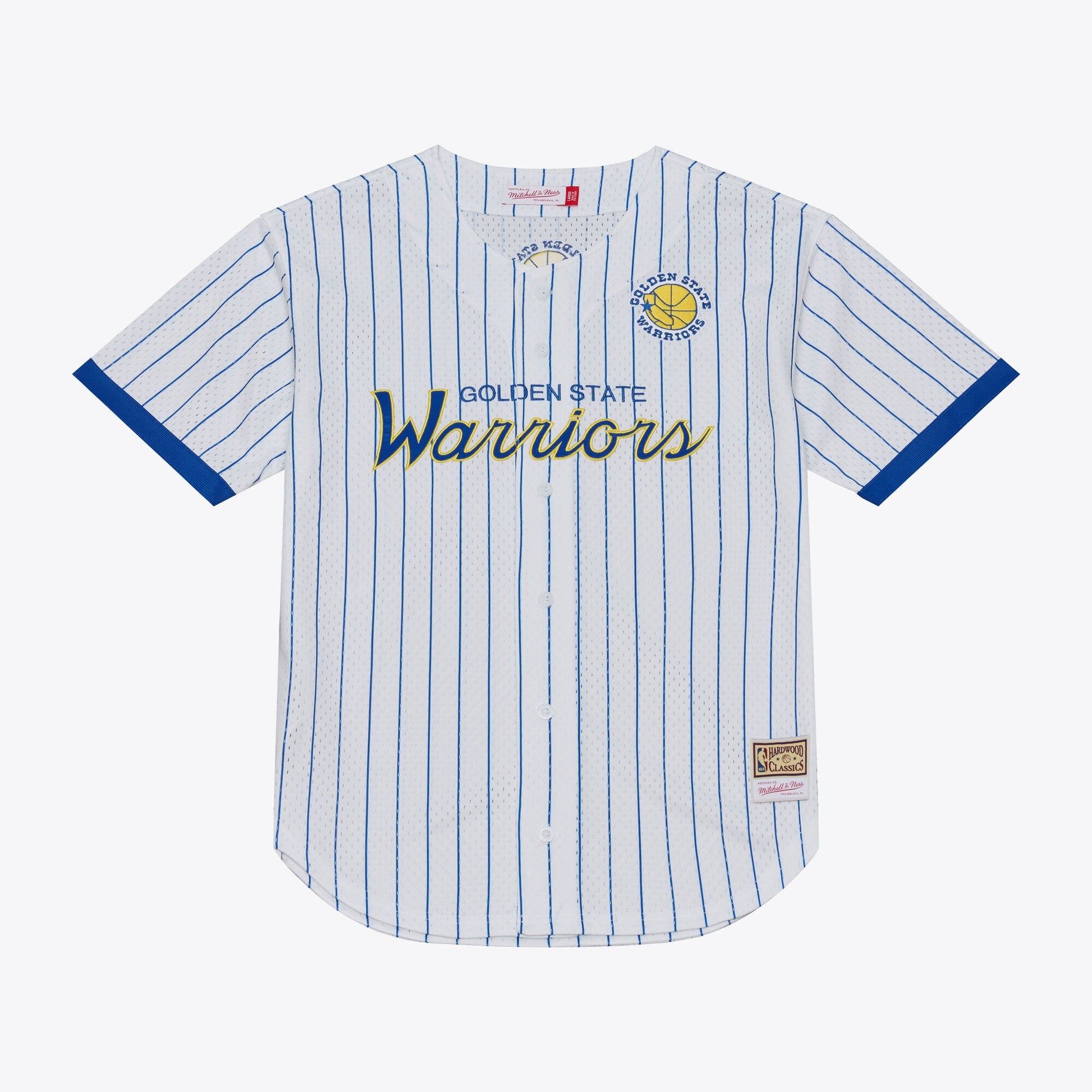 Men's Golden State Warriors Mitchell & Ness White Head Coach Pinstripe Mesh Full-Button Baseball Jersey
