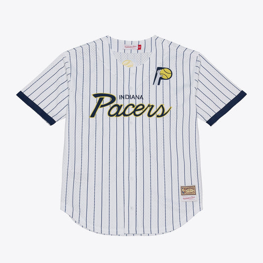Men's Indiana Pacers Mitchell & Ness White Head Coach Pinstripe Mesh Full-Button Baseball Jersey