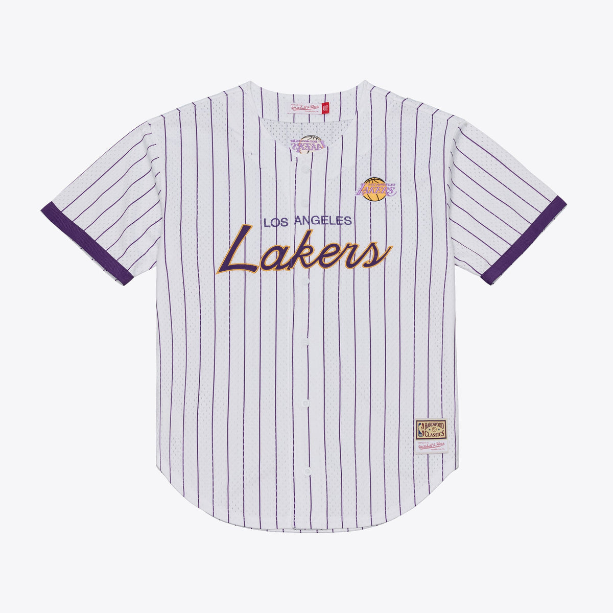 Men's Los Angeles Lakers Mitchell & Ness White Head Coach Pinstripe Mesh Full-Button Baseball Jersey