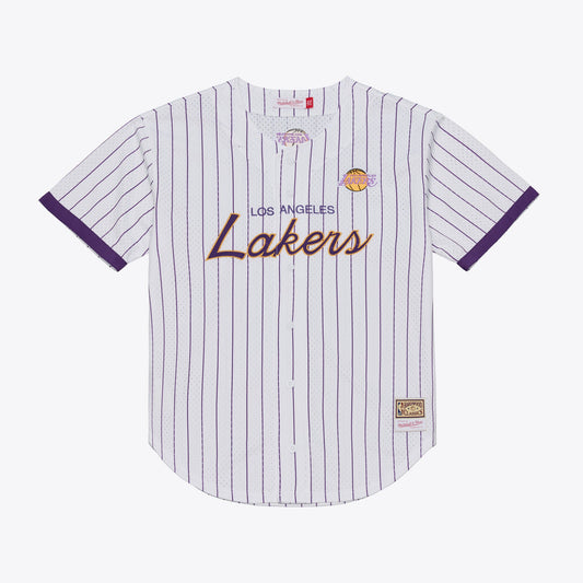 Men's Los Angeles Lakers Mitchell & Ness White Head Coach Pinstripe Mesh Full-Button Baseball Jersey