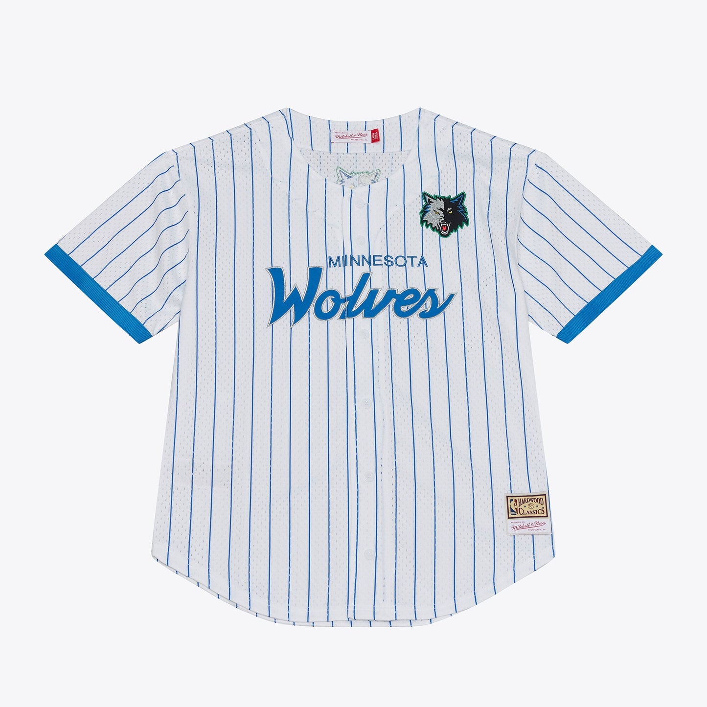 Men's Minnesota Timberwolves Mitchell & Ness White Head Coach Pinstripe Mesh Full-Button Baseball Jersey