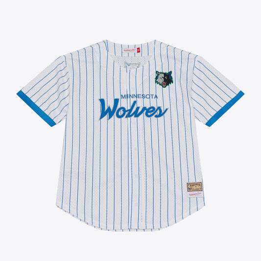Men's Minnesota Timberwolves Mitchell & Ness White Head Coach Pinstripe Mesh Full-Button Baseball Jersey