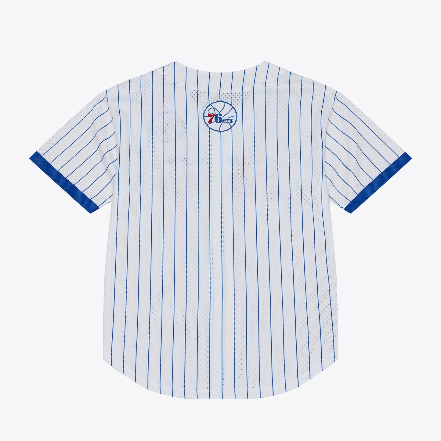 Men's Philadelphia 76ers Mitchell & Ness White Head Coach Pinstripe Mesh Full-Button Baseball Jersey