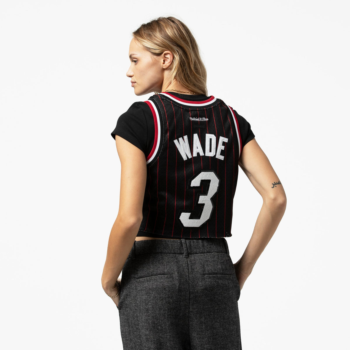 Women's Miami Heat Dwyane Wade Mitchell & Ness x DANNIJO Black Fashion Cropped Basketball Jersey