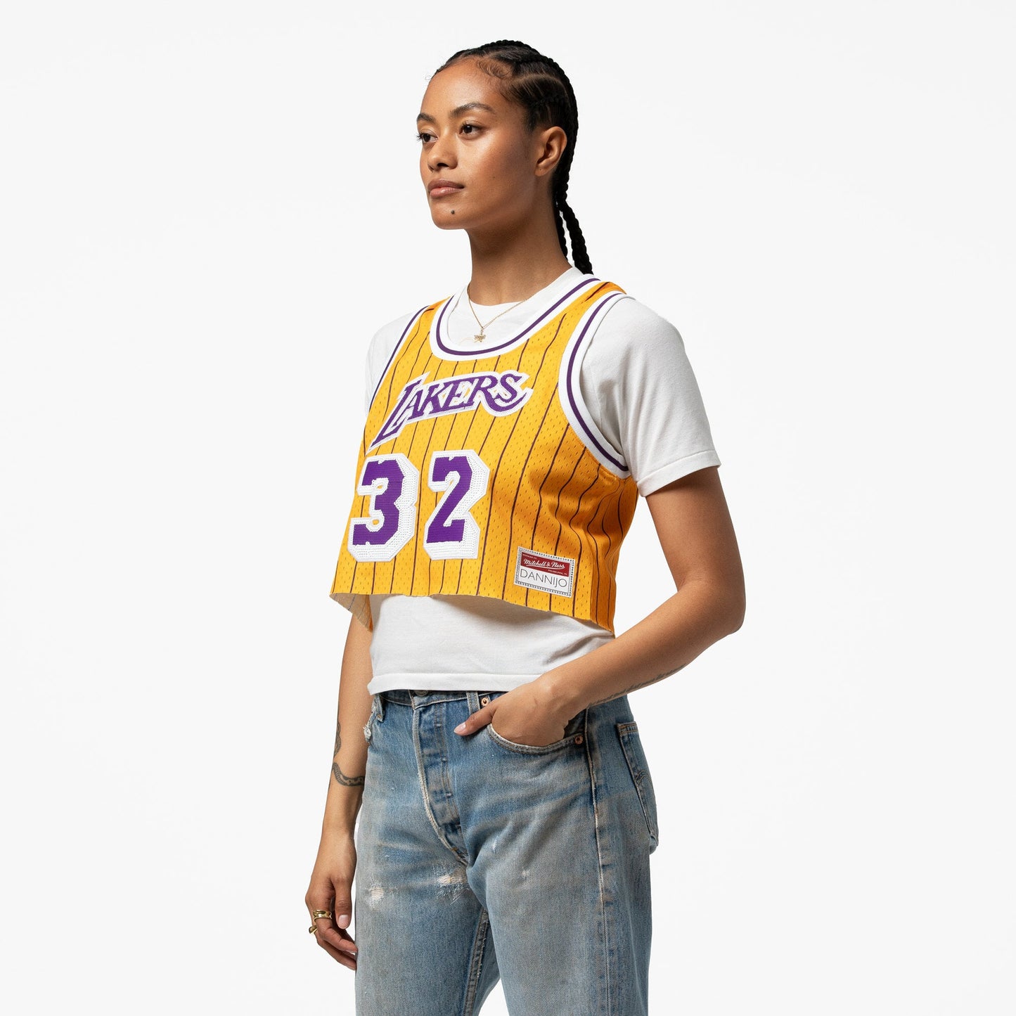 Women's Los Angeles Lakers Magic Johnson Mitchell & Ness x DANNIJO Yellow Fashion Cropped Basketball Jersey
