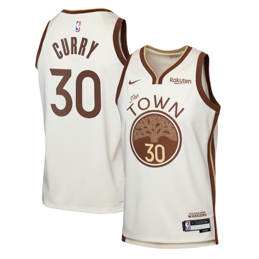 Youth Golden State Warriors Stephen Curry Nike Tan Swingman Finished Badge Player Jersey - City Edition